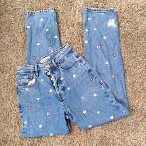 PacSun Blue Straight Leg Jeans with Floral Embroidery